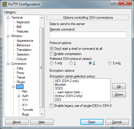 PuTTY config - Disabling the shell